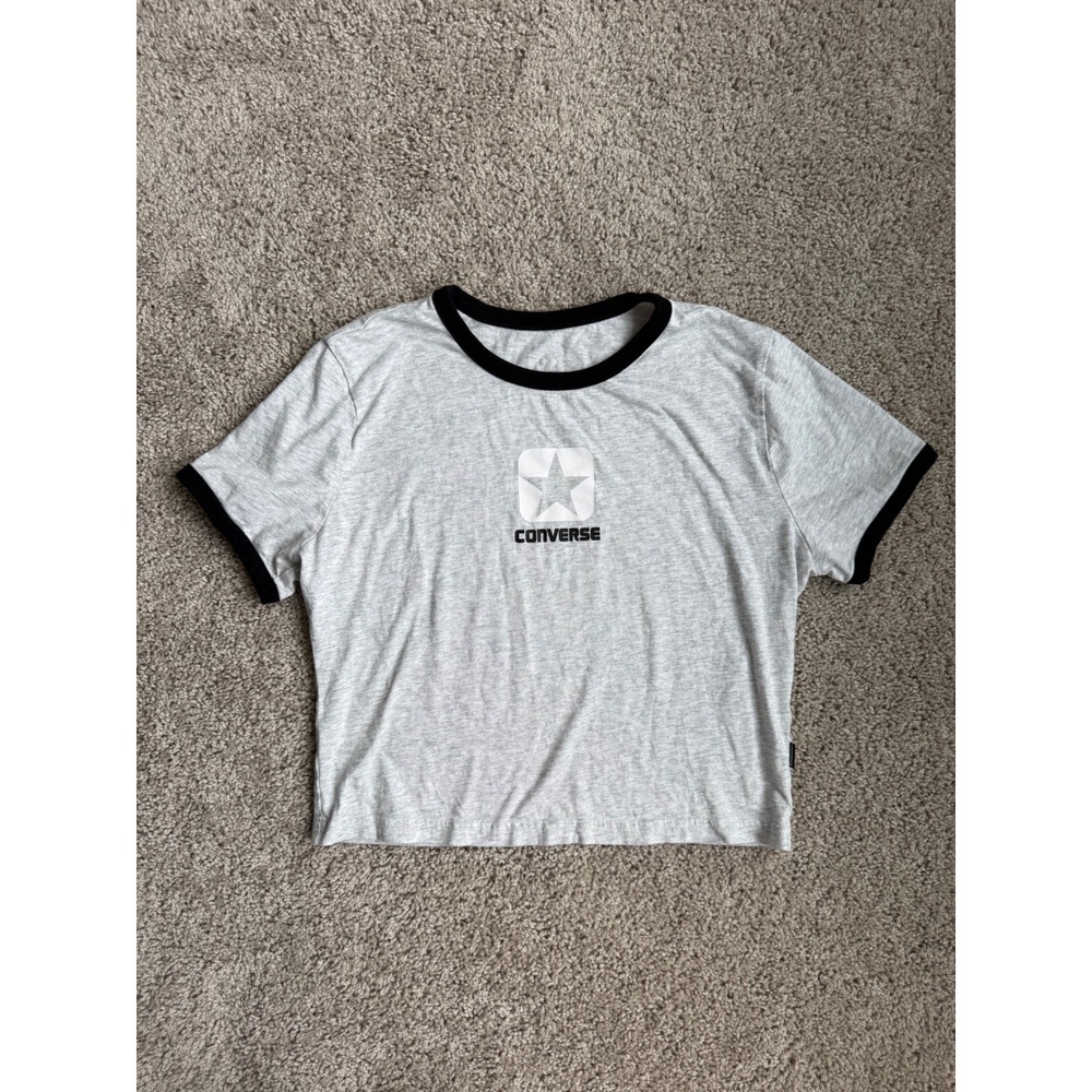 Converse Womens Ringer Tee Gray Black Star Logo Cropped Short Sleeve Shirt Small